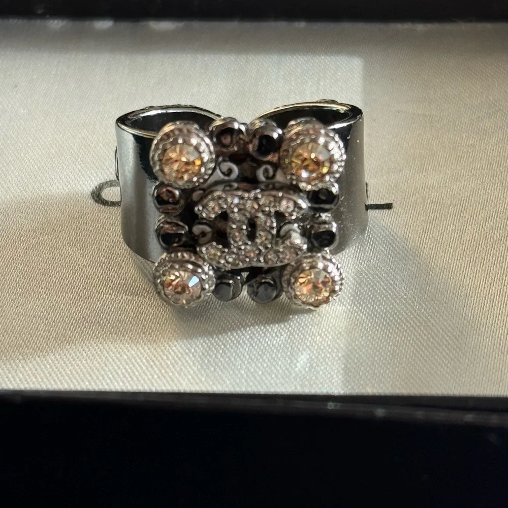 CHANEL Silver and Black Crystal Ring